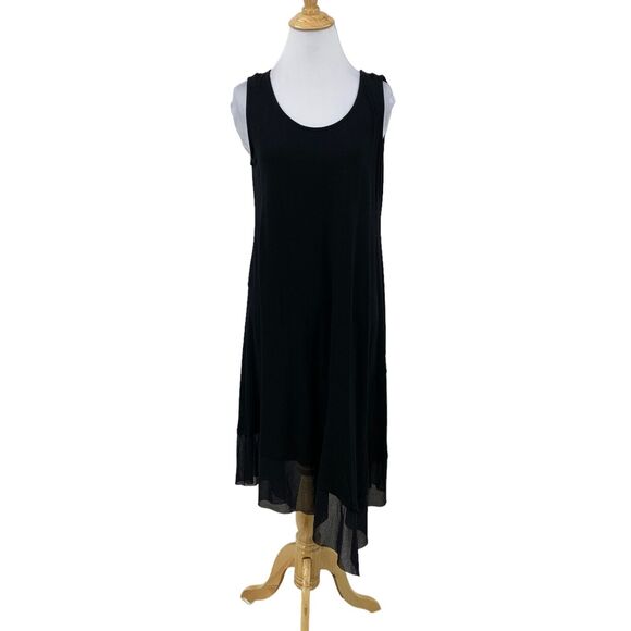 Eileen Fisher Midi Dress Womens PM Petite Black Semi Sheer Chiffon Asymmetrical - Picture 1 of 12